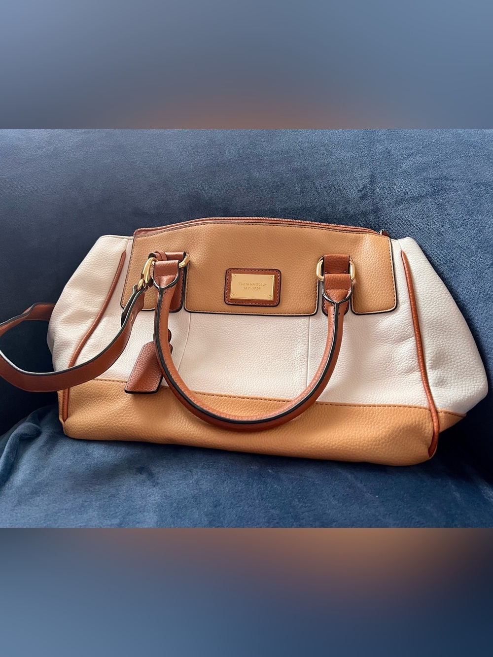 Tignanello Two-Tone Tan and Cream Leather Satchel with Gold Hardware